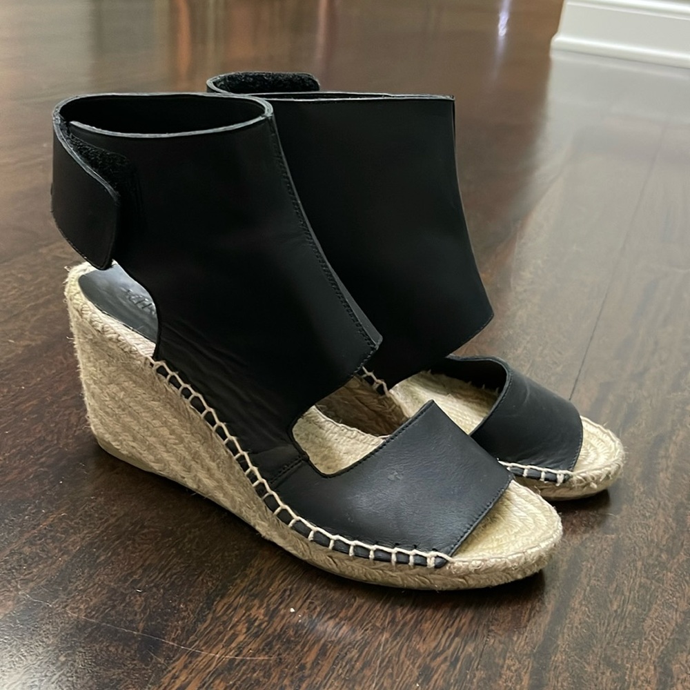 Vince Black Leather Espadrille Wedge Sandals